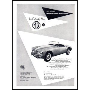 1956 MG-A Safest Convertible 2 Seat Roadster Vintage Print Ad Man Cave Wall Art